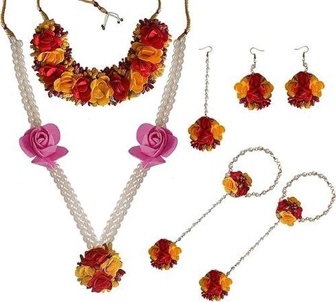 Flower Designer Jewellery Set For Women Mehandi Haldi Bridal Baby Shower Marriage, Standard, Ceramic, No Gemstone in Kuwait