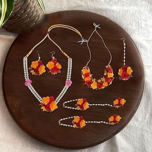 Flower Designer Jewellery Set For Women Mehandi Haldi Bridal Baby Shower Marriage, Standard, Ceramic, No Gemstone in Kuwait
