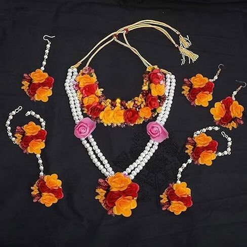 Flower Designer Jewellery Set For Women Mehandi Haldi Bridal Baby Shower Marriage, Standard, Ceramic, No Gemstone in Kuwait