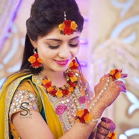 Flower Designer Jewellery Set For Women Mehandi Haldi Bridal Baby Shower Marriage, Standard, Ceramic, No Gemstone in Kuwait