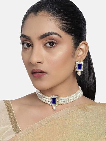 I Jewels Indian Wedding Bollywood Stone Pearl Choker Necklace With Earring Jewellery Set For Women in Kuwait