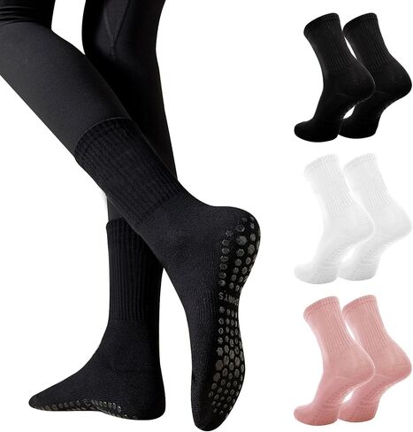 3 Pairs Non Slip Yoga Socks for Women Anti-skid Long Socks for Yoga, Barre, Ballet, Dance, Barefoot Workout Gym in Kuwait