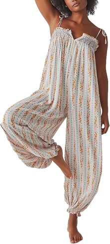 Owl's-Yard Women 's Loose Sleeveles Jumpsuits Retro Floral Print Adjustable Spaghetti Strap Baggy Long Pant Romper Jumpsuit in Kuwait