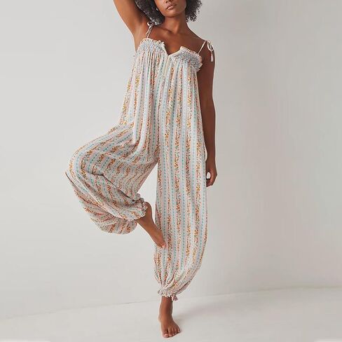 Owl's-Yard Women 's Loose Sleeveles Jumpsuits Retro Floral Print Adjustable Spaghetti Strap Baggy Long Pant Romper Jumpsuit in Kuwait