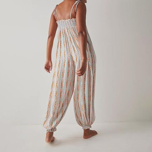 Owl's-Yard Women 's Loose Sleeveles Jumpsuits Retro Floral Print Adjustable Spaghetti Strap Baggy Long Pant Romper Jumpsuit in Kuwait