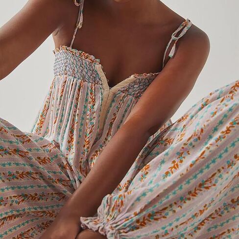 Owl's-Yard Women 's Loose Sleeveles Jumpsuits Retro Floral Print Adjustable Spaghetti Strap Baggy Long Pant Romper Jumpsuit in Kuwait