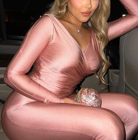 Womens Sexy 2 Piece Outfits Off Shoulder Deep V Neck Tops Slit Hem Flare Pants Sparkly Jumpsuit Set Clubwear in Saudi Arabia