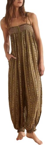 Owl's-Yard Women 's Loose Sleeveles Jumpsuits Retro Floral Print Adjustable Spaghetti Strap Baggy Long Pant Romper Jumpsuit in Saudi Arabia