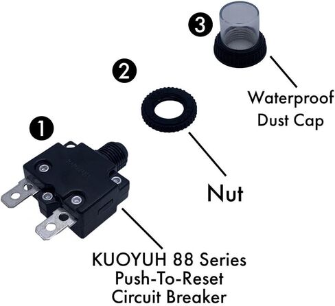 KUOYUH 88 Series 3, 5, 7, 8, 10, 12, 13, 15, 16, 20, 25, 30 Amp DC Circuit Breaker Push-Button Reset with Quick Connect Terminals and Transparent Waterproof Button Cover (8A) in Saudi Arabia