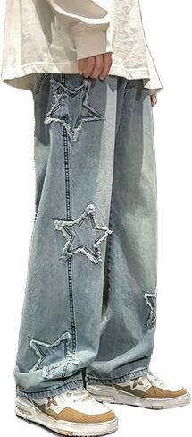 Y2k Baggy Jeans for Men,Hip Hop Grunge Demin Pants Wide Leg Loose Joggers Star Graphic Jeans in Kuwait