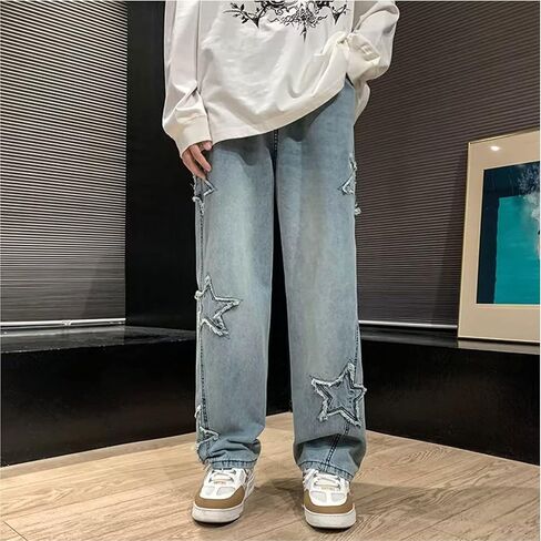 Y2k Baggy Jeans for Men,Hip Hop Grunge Demin Pants Wide Leg Loose Joggers Star Graphic Jeans in Kuwait