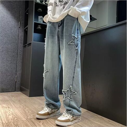 Y2k Baggy Jeans for Men,Hip Hop Grunge Demin Pants Wide Leg Loose Joggers Star Graphic Jeans in Kuwait