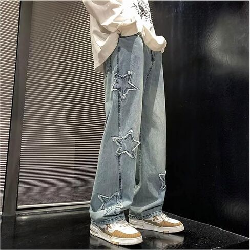 Y2k Baggy Jeans for Men,Hip Hop Grunge Demin Pants Wide Leg Loose Joggers Star Graphic Jeans in Kuwait