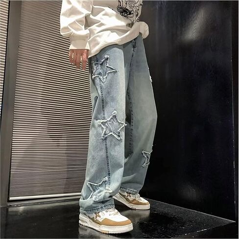 Y2k Baggy Jeans for Men,Hip Hop Grunge Demin Pants Wide Leg Loose Joggers Star Graphic Jeans in Kuwait