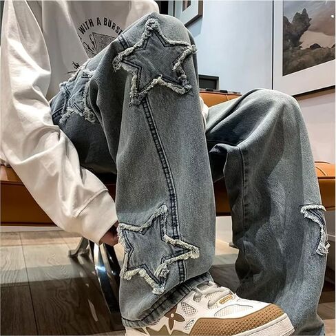 Y2k Baggy Jeans for Men,Hip Hop Grunge Demin Pants Wide Leg Loose Joggers Star Graphic Jeans in Kuwait