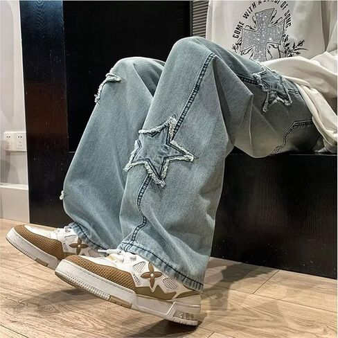 Y2k Baggy Jeans for Men,Hip Hop Grunge Demin Pants Wide Leg Loose Joggers Star Graphic Jeans in Kuwait