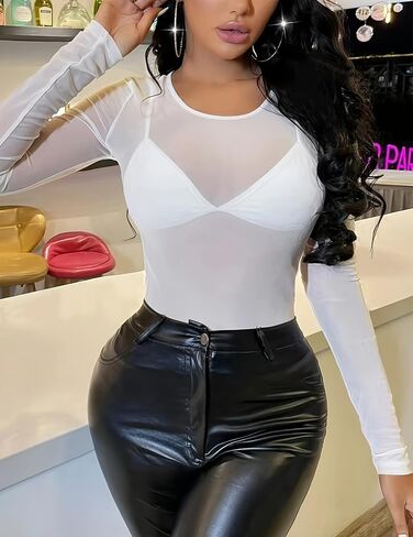 Long Sleeve Bodysuit for Women Crew Neck Mesh Bodysuit Sexy Sheer Tops with Snap Crotch Shirt in Saudi Arabia