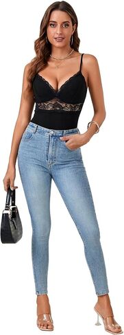 LYANER Women's Floral Lace Deep V Neck Bodysuit Sheer Mesh Spaghetti Strap Cami Tops Leotard in Saudi Arabia