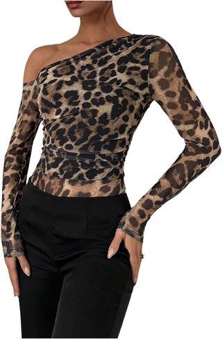 WDIRARA Women's Leopard One Shoulder Bodysuit Ruched Long Sleeve Leotard Top in Saudi Arabia