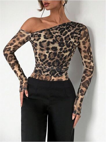 WDIRARA Women's Leopard One Shoulder Bodysuit Ruched Long Sleeve Leotard Top in Saudi Arabia