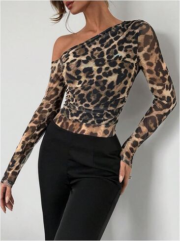 WDIRARA Women's Leopard One Shoulder Bodysuit Ruched Long Sleeve Leotard Top in Saudi Arabia