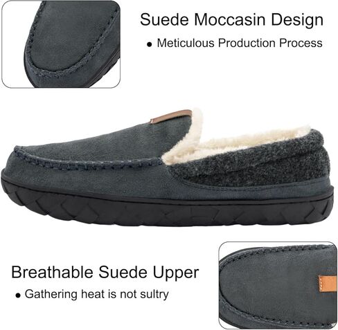 Mens Moccasin Slippers Memory Foam Suede House Slippers for Men with Soft Fleece Lining Anti-Skid Sole Indoor Outdoor House Shoes in Kuwait