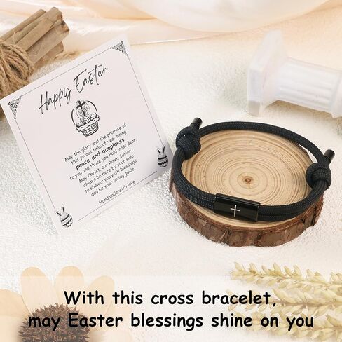 Boys Easter Basket Stuffers, Teen Boys Easter Gifts Black Cross Bracelet for Men with Delicate Card, Mens Cross Jewelry Meaningful Christian Basket Stuffers for Son Grandson in Kuwait