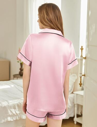 بيجامات الحرير للنساء قصير الأكمام ناعم زر الناعم لأسفل صالة 2 قطعة شورت PJS ST-XXL in Saudi Arabia