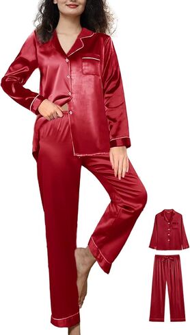 Womens Satin Pajamas Set 2Pcs Silk Pajama Long Sets XS-3XL Silky Long Pj Sets Sleepwear Stripes Pjs Loungewear in Saudi Arabia