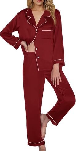 Womens Satin Pajamas Set 2Pcs Silk Pajama Long Sets XS-3XL Silky Long Pj Sets Sleepwear Stripes Pjs Loungewear in Saudi Arabia
