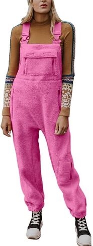 yoeasy Women's Warm Fleece Fuzzy Overalls Sleeveless Winter Loose Adjustable Strap Bib Jumpsuits With Pockets in Saudi Arabia