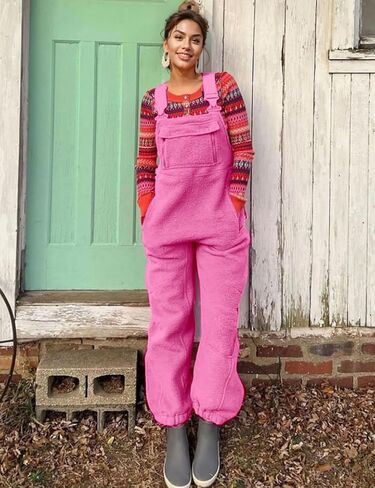 yoeasy Women's Warm Fleece Fuzzy Overalls Sleeveless Winter Loose Adjustable Strap Bib Jumpsuits With Pockets in Saudi Arabia