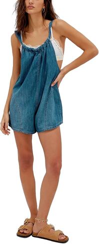 Unilexi Womens Desual Denim Shorts Romper Roolse Loose Albseale Severs Serps مع جيوب in Kuwait