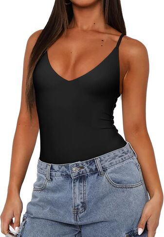 REORIA Women’s Sexy Trendy Open Back V Neck Spaghetti Strap Backless Trendy Cami Bodysuit Tops in Kuwait