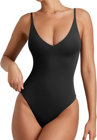 REORIA Women’s Sexy Trendy Open Back V Neck Spaghetti Strap Backless Trendy Cami Bodysuit Tops in Kuwait