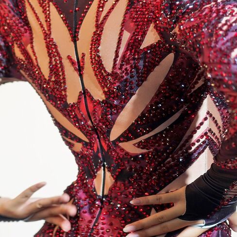 Tyian Rhinestone Fashion Hands Printed Long Sleeve Bodysuit Performance Singer Pole Dancing Club Birthday Show Stage Costume in Saudi Arabia