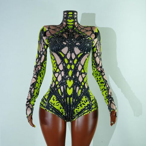Tyian Rhinestone Fashion Hands Printed Bodysuit Performance Performan in Kuwait