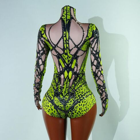 Tyian Rhinestone Fashion Hands Printed Bodysuit Performance Performan in Kuwait