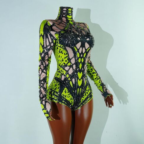 Tyian Rhinestone Fashion Hands Printed Bodysuit Performance Performan in Kuwait