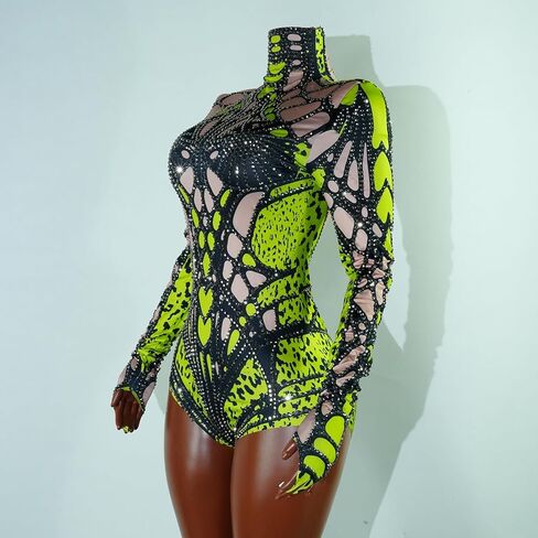 Tyian Rhinestone Fashion Hands Printed Bodysuit Performance Performan in Kuwait