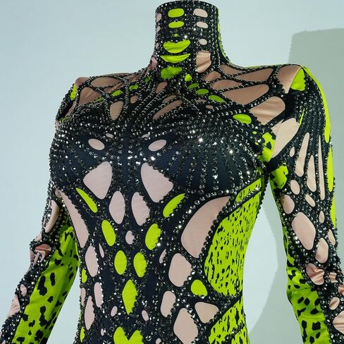Tyian Rhinestone Fashion Hands Printed Bodysuit Performance Performan in Kuwait