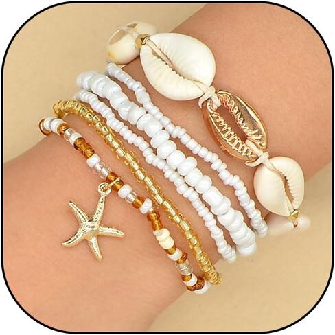 Long tiantian Shell Starfish Bracelet Charm Bracelet Summer Jewelry Stuff Puka Shell Bracelet Beach Bracelets Vacation Outfits for Women Seashell Bracelets Stuff in Saudi Arabia
