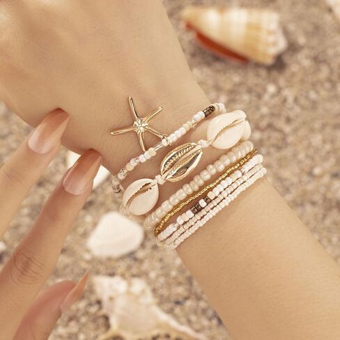 Long tiantian Shell Starfish Bracelet Charm Bracelet Summer Jewelry Stuff Puka Shell Bracelet Beach Bracelets Vacation Outfits for Women Seashell Bracelets Stuff in Saudi Arabia