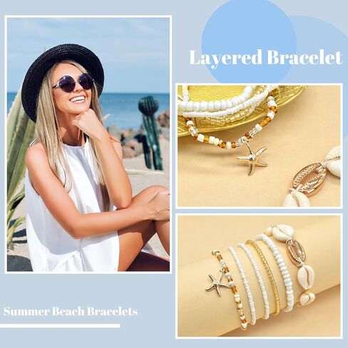 Long tiantian Shell Starfish Bracelet Charm Bracelet Summer Jewelry Stuff Puka Shell Bracelet Beach Bracelets Vacation Outfits for Women Seashell Bracelets Stuff in Saudi Arabia