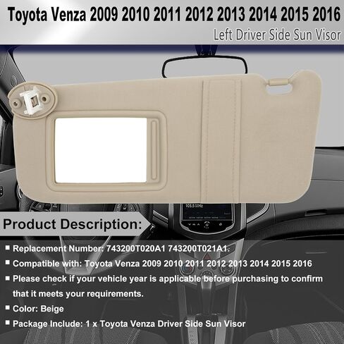 Left Driver Side Sun Visor Compatible with Toyota Venza 2009-2016 Sun Shade Replacement 743200T021A1 Color: Beige in Saudi Arabia