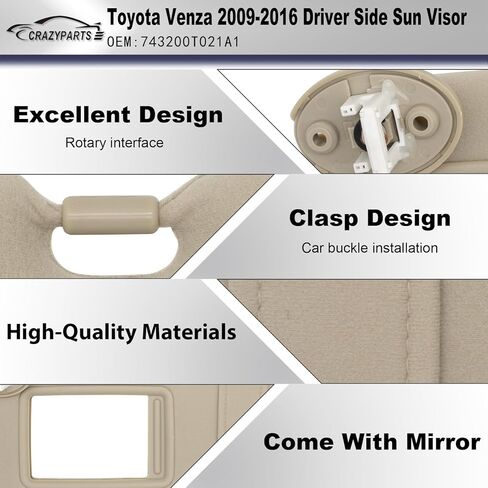 Left Driver Side Sun Visor Compatible with Toyota Venza 2009-2016 Sun Shade Replacement 743200T021A1 Color: Beige in Kuwait