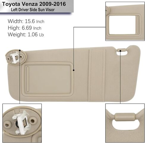 Left Driver Side Sun Visor Compatible with Toyota Venza 2009-2016 Sun Shade Replacement 743200T021A1 Color: Beige in Kuwait