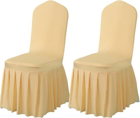 Qubjus 2 Pack Stretch Spandex Dining Chair Covers with Skirt – Washable & Fitted Slipcovers for Dining Room Chairs, Weddings, Home, Hotel Decor – Champagne in Saudi Arabia