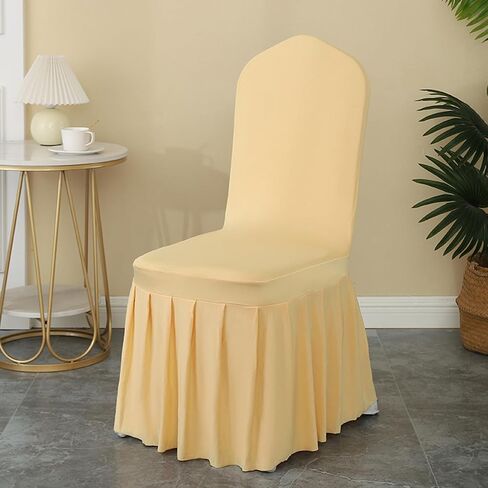 Qubjus 2 Pack Stretch Spandex Dining Chair Covers with Skirt – Washable & Fitted Slipcovers for Dining Room Chairs, Weddings, Home, Hotel Decor – Champagne in Saudi Arabia