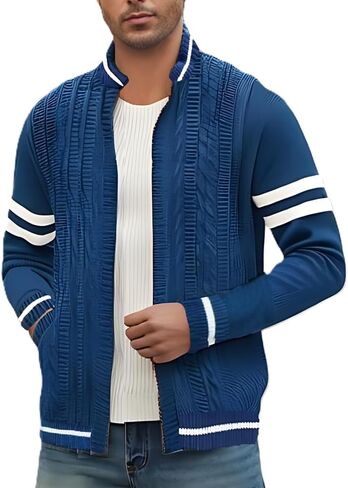 MAISON J Mens Full-Zip Cardigan Sweater, Quality Knit Fabric, Stand Collar, Sporty Casual Style in Saudi Arabia